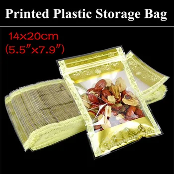 

100pcs 14x20cm (5.5"x7.9") Flat Color Printed Plastic Packaging Bag Gold Leaf High Clear Window Resealable Plastic Ziplock Pouch