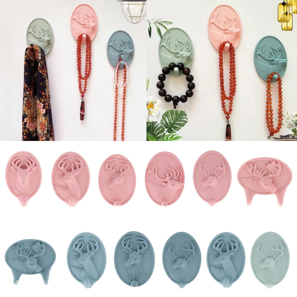 3D Resin Animal Deer Head Sticker Self-Adhesive Hanger Hooks Wall Door Bag Keys Hat Hangers
