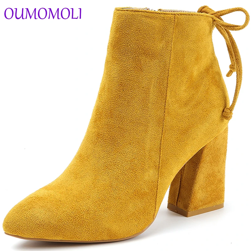

2019 Women Mid Calf Boots Yellow Color Pointed Toe Zippers Autumn Spring Women Martin Boots Casual Lace-up Boots Size 35-39 A334