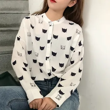 

Women Cotton Shirts 2018 Spring New Long Sleeve Cartoon Print White Blouses Shirts Womens Tops Blusas Feminine Blouse