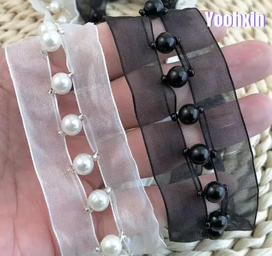 

5cm Wide 2019 HOT DIY black white beads flower Lace Fabric 3D applique ribbon trim Embroidery Bridal collar Sewing guipure decor