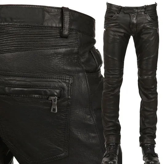 PU Leather Men's stylish Riding Jeans Biker slim pants