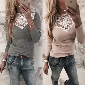 

2018 Women shirt Sexy Lace Sweet Long Sleeve Solid Color Slim Fit O-neck Autumn Casual Tops Shirts Women Clothes