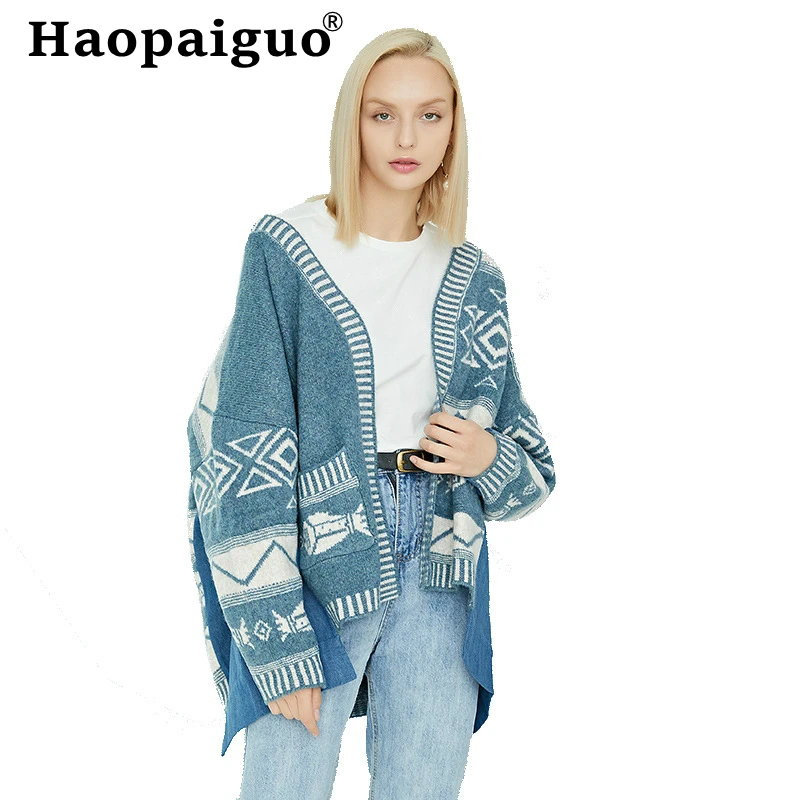 

Korean Style Casual Jean Patchwork Knitted Cardigan Women Open Stitch Loose Blue Harajuku Sweater Cardigan Women Knitting Coat