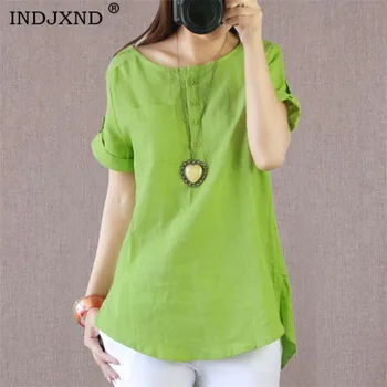 

INDJXND Cotton Shirt High Quality Women Blouse Summer Short Sleeve Solid White Shirts Loose Female Casual Ladies Tops Plus Size