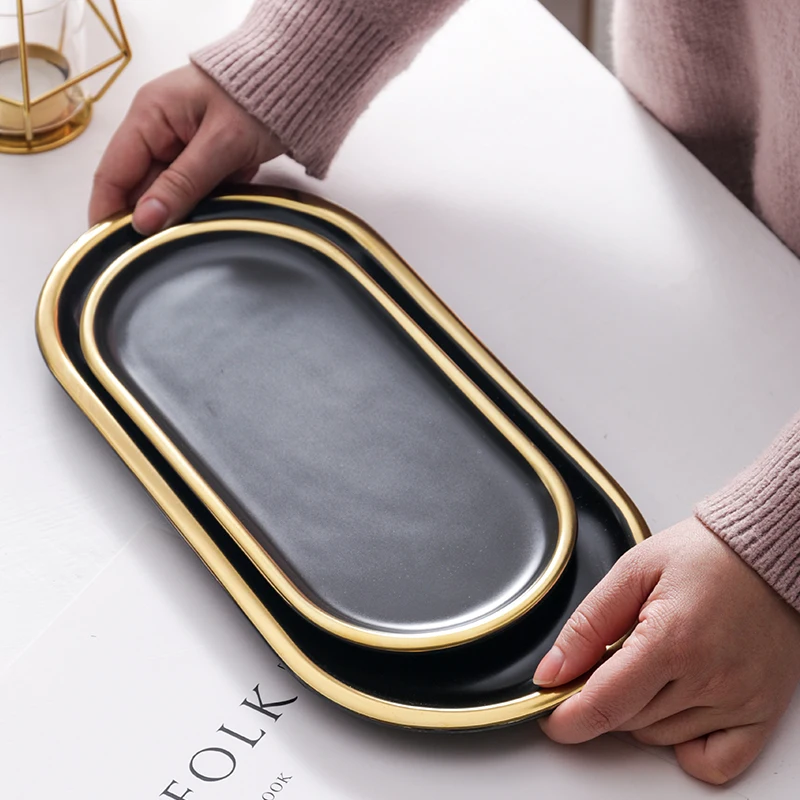 Gold Inlay Marble Dinner Plate Jewelry Tray Dessert Dish Desktop Wedding Decoration Oval Ellipse Fruit Tray Decorative Plate