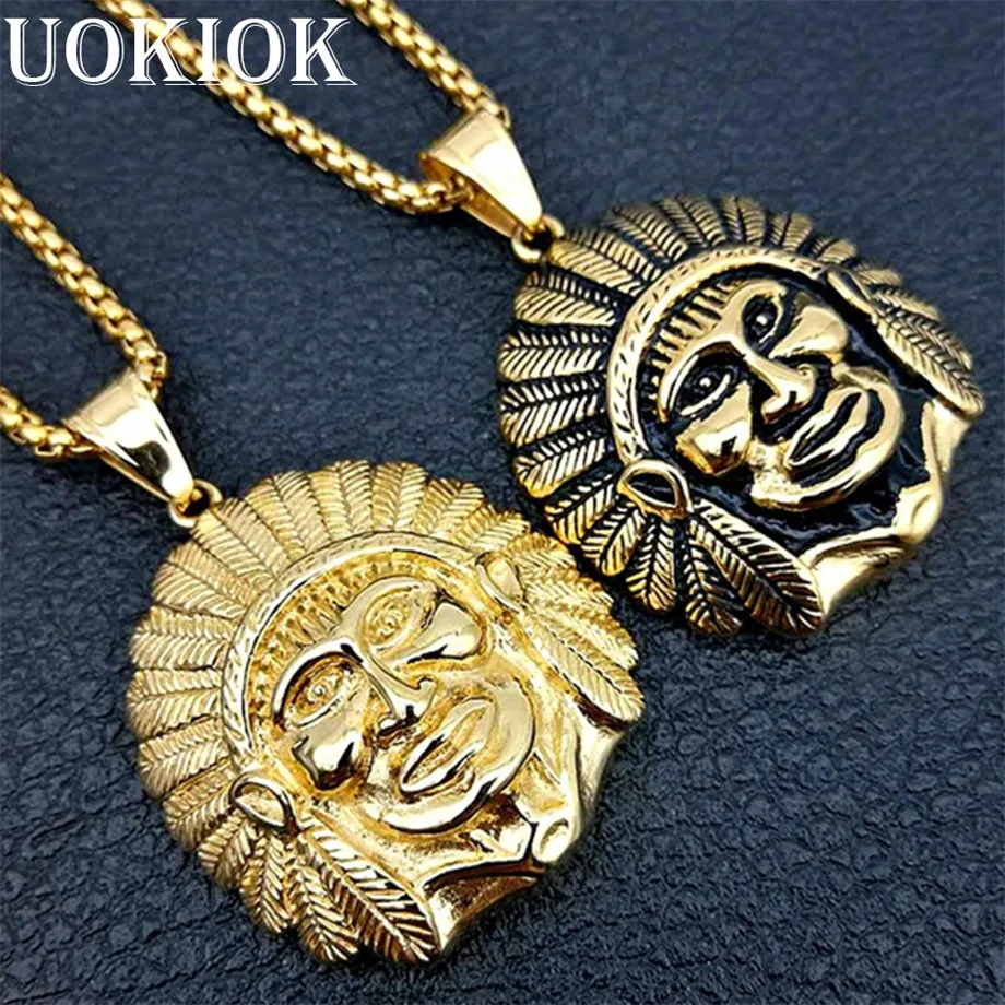 

Hip Hop Chieftain Pendant & Chain Gold Color Stainless Steel Statuette Jewelry Native American Indian Necklaces & Pendants