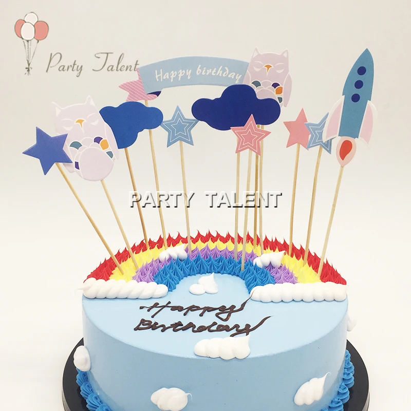 1set Owl And Rocket Birthday Cake Toppers For Kids