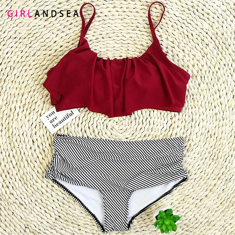 

GIRLANDSEA New 2019 High-waisted Bikini Set Solid Swimsuit