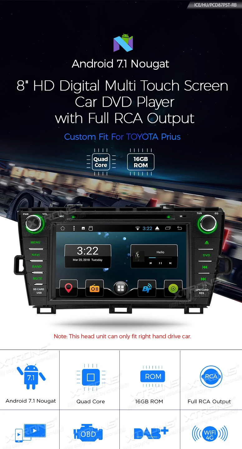 Excellent Android 7.1 Nougat OS 8" Car DVD Multimedia GPS Radio for Toyota Prius 2009-2013 (Right Hand Drive) with Full RCA Output Support 0