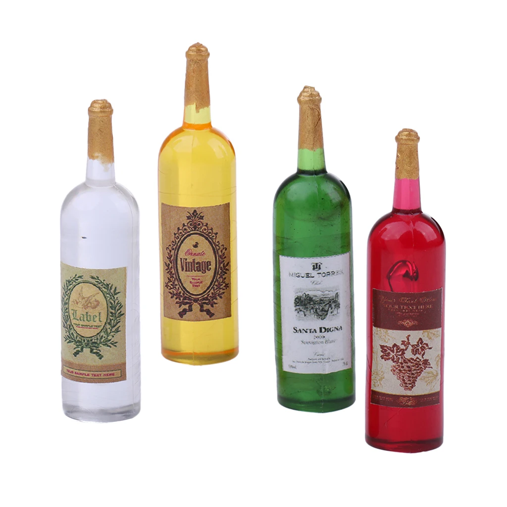 Set of 4 Pieces 1/12 Scale Dollhouse Miniature Wine Bottles Model Foods Groceries for Dolls House Kitchen Decor Accessory