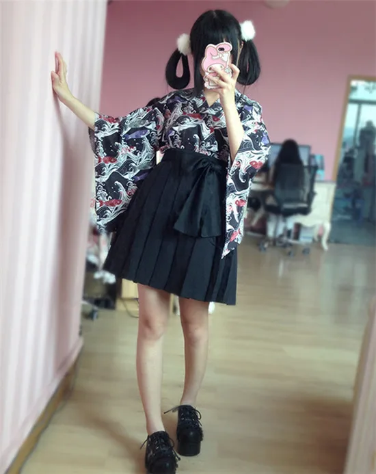 Японское кимоно стиль плиссированная юбка длинная/короткая версия красный/черный с поясом лук милый