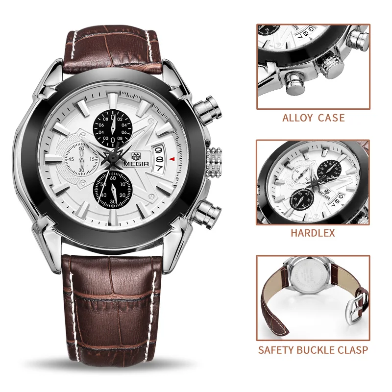 Günstig MEGIR Original Männer Quarzuhr Reloj Hombre Leder Business Uhren Mann Uhr Chronograph Armee Militär Uhr Sport Männlichen 2020