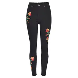 Новый-Высокая Талия Тонкий вышивки крестом Джинсы с вышивкой женский, Черный Эластичные Обтягивающие джинсы Для женщин Push Up цветок