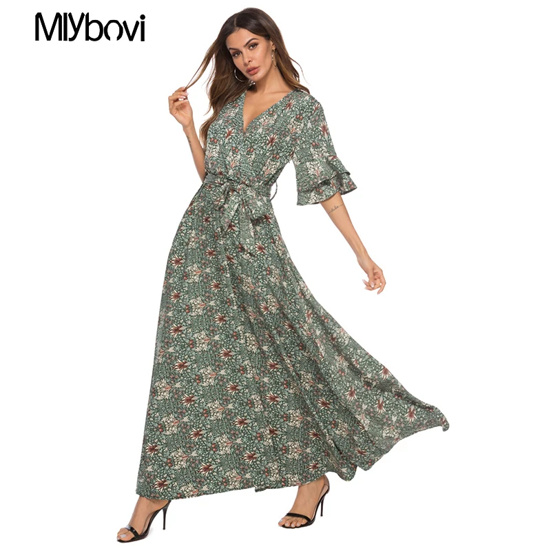 

2019 Spring Fashion Maxi Dress Women's Half Sleeve V Collar Retro Printed Women Evening Party Dress Sundress Vestidos de festa