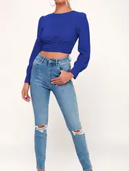 HEE GRAND/2019 Новая Женская Весенняя футболка с длинным рукавом с открытой спиной, однотонные Короткие топы с бантом, с круглым вырезом, тонкая