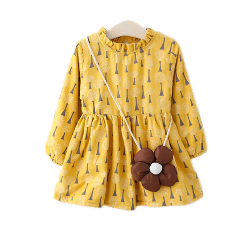 

Cute Thicken Baby Girls Dress Velvet Flower Printed Girl Princess Dress +Flower Bag 2pcs Baby Girls Clothes Kids Costume Outfit