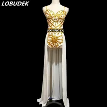 Модный сексуальный женский костюм для ночного клуба, золотые стразы, бикини, комплект из 3 предметов, леди певица, бар, DJ, сценическая одежда танцора, шоу, танцевальная одежда