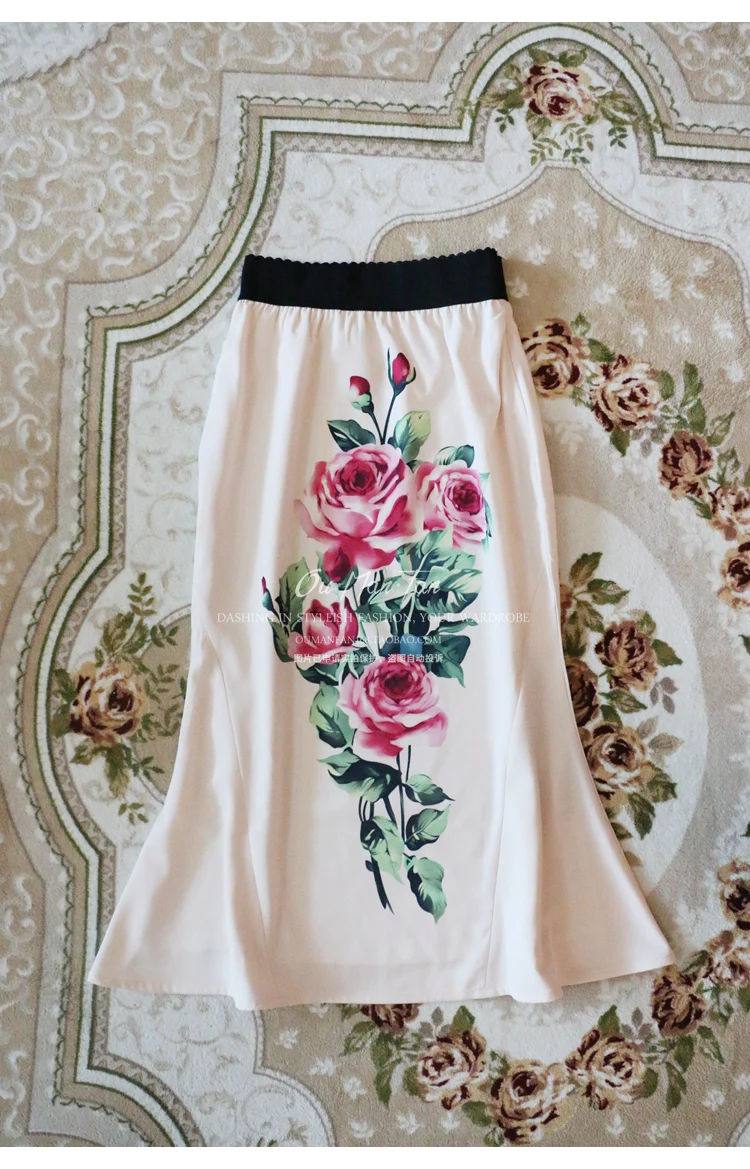 D дизайнерские Элитный бренд юбка для Для женщин сексуальный Винтаж с принтом роз Высокая талия юбка фасона "Русалка"