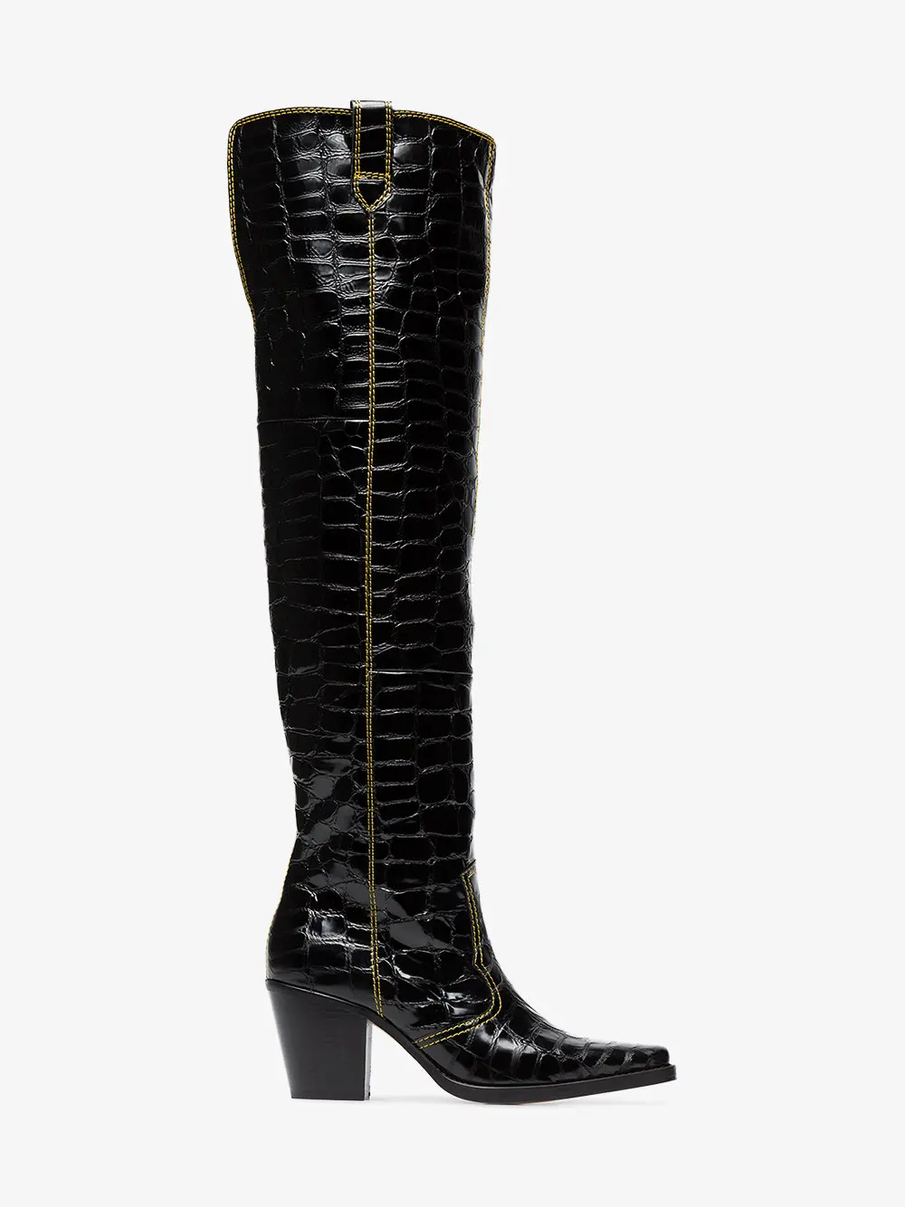 La Rodilla De Bloque Talón Cocodrilo Muslo Pie Patente Sobre Con Negro Alta Mediados Botas Cuadrado Mujeres Del Dedo Punta Vaquero Impresión Tacón 7zOn11qg
