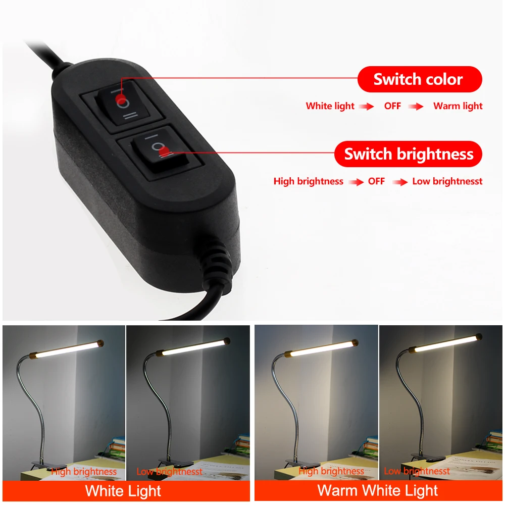  Clip Holder USB Powered LED Desk Lamp Flexible Gooseneck Reading Table Lamp Dimmable Eye Protection - 33041081771