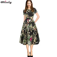 Oxiuly Womens Elegant Vintage Summer Multicolor Floral Print Tunic Pinup Wear To Work Office Casual Party A Line Skater Dress christmas print skater party dress