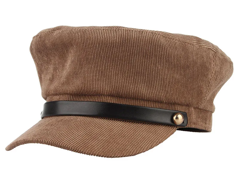QDKPOTC осень зима мужские и женские армейские кепки вельвет матросский стиль однотонные кепки уличная женская шапка - Цвет: Коричневый