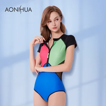 

AONIHUA 1 One Piece Swimsuit 2018 Fashion Patchwork Swim Suits Waist Perspective Beachwear Sleeve Surfing Sport Women Swimwear