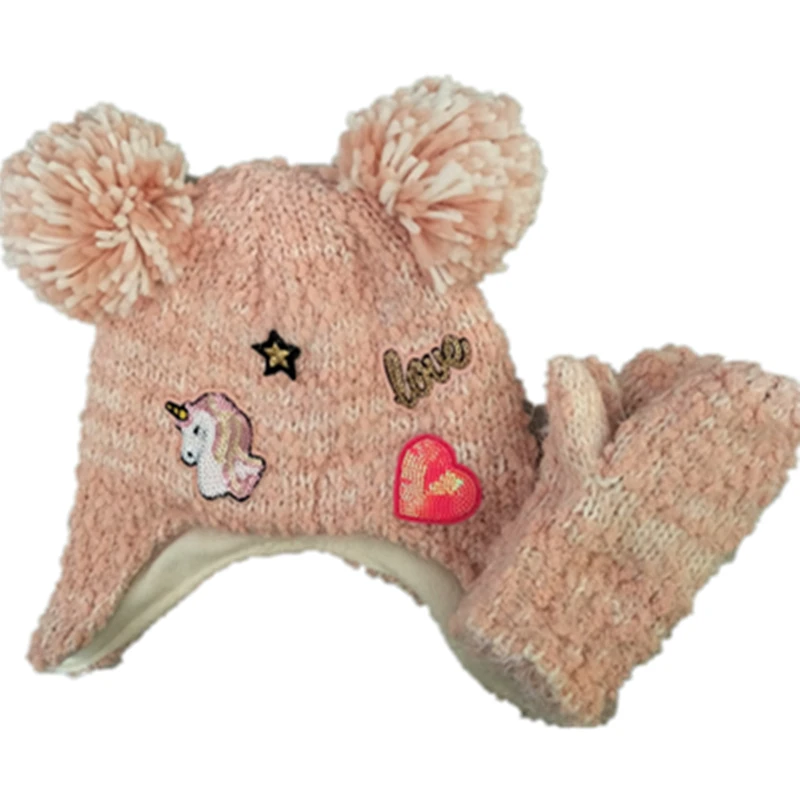 

High Quality Cute Cartoon Love Unicorn Plush Hat Mittens Gloves Rainbow Heart With Pom Cap Animal Gift for Kids Children Girl