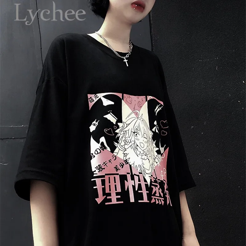  Lychee Streetwear Japanese Girl Heart Print Women Top Tees T-shirt Short Sleeve Crew Neck Loose Spr