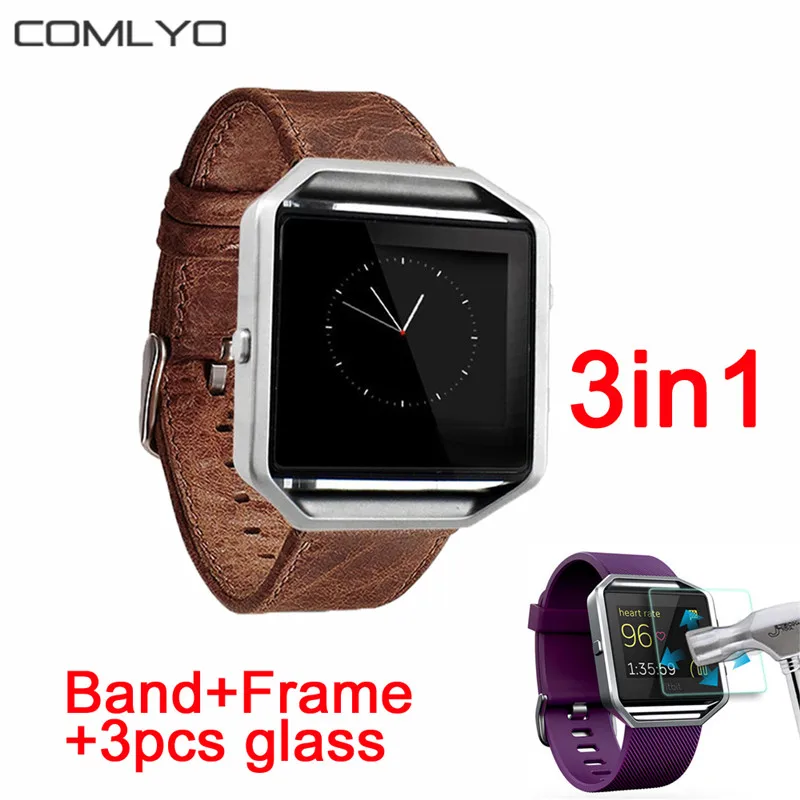 imágenes para 3in1 Correa de muñeca para Fitbit Resplandor banda de Cuero Genuino Pulsera de la pulsera + para fitbit blaze marco + 3 unids vidrio protector de la pantalla imágenes para 3in1 Correa de muñeca para Fitbit Resplandor banda de Cuero Genuino Pulsera de la pulsera + para fitbit blaze marco + 3 unids vidrio protector de la pantalla