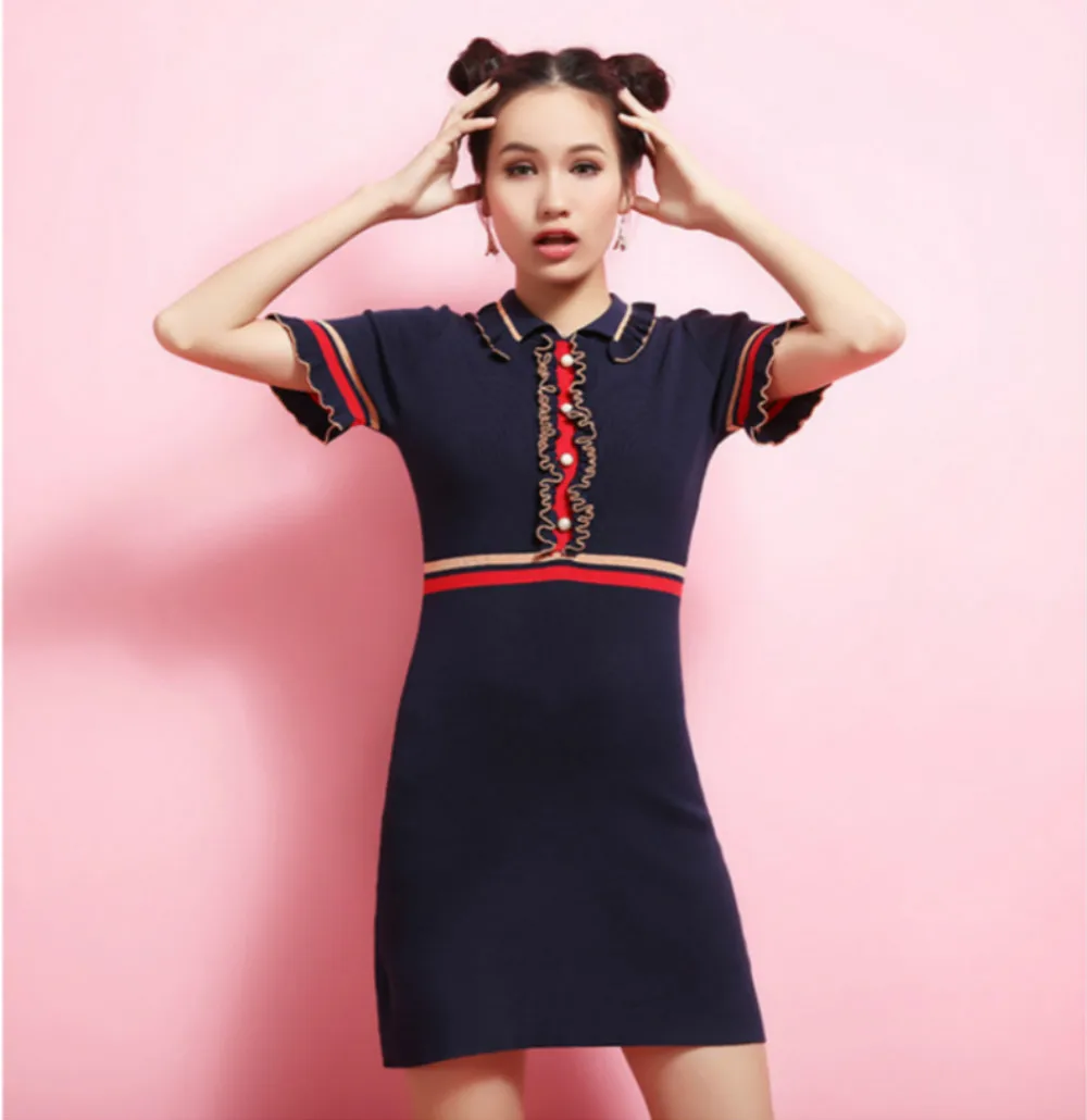 

Runway Women's Dresses Mini Patchwork Ruffles Buttons 2018 Summer Female Slim Elegant Designer Knitted Dress High Quality Dress