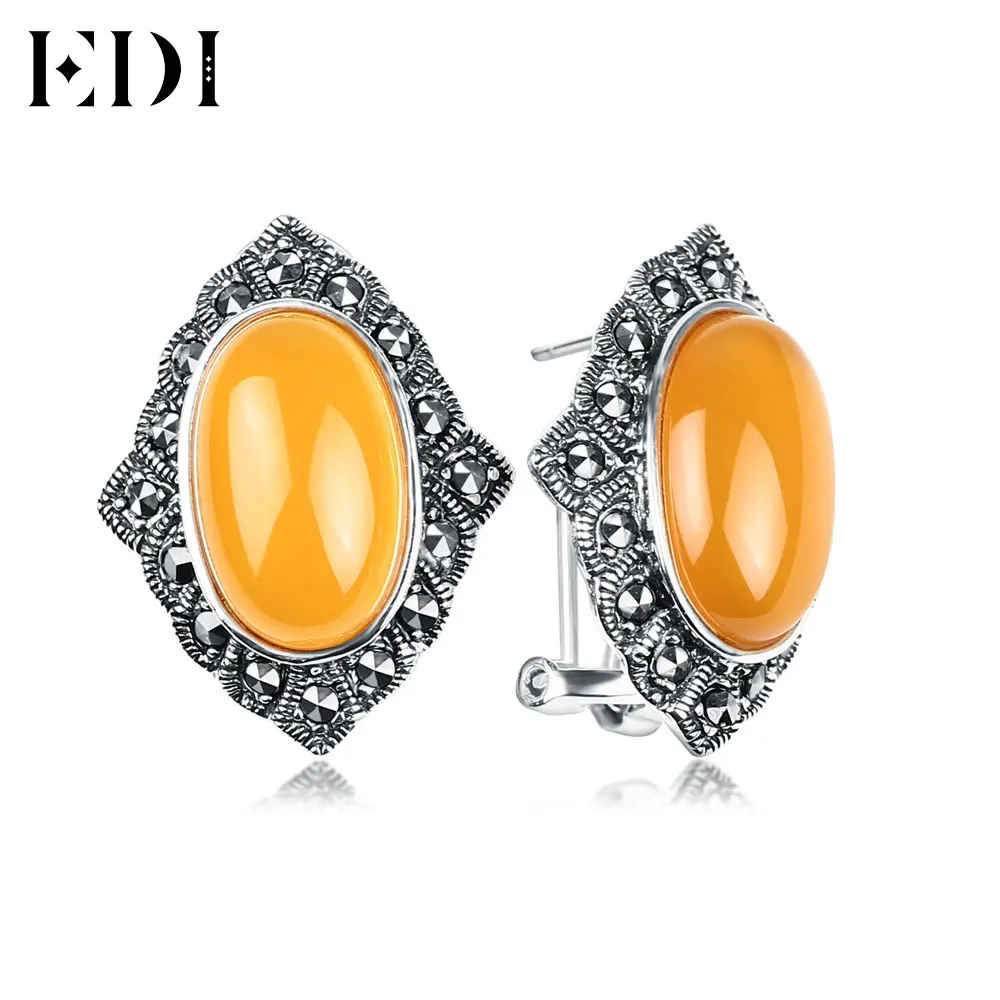 

EDI Trendy 925 SterlingThai Silver Lace Stud Earrings Chalcedony Red Garnet Vintage Pendientes Earring For Women Fine Jewelry