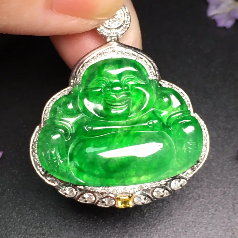 

505 Fine Jewelry Real Pure 18 K White Gold jewel Buddha Natural Burmes Jade Gemstones Jadite Pendant Necklace Pendants Necklaces