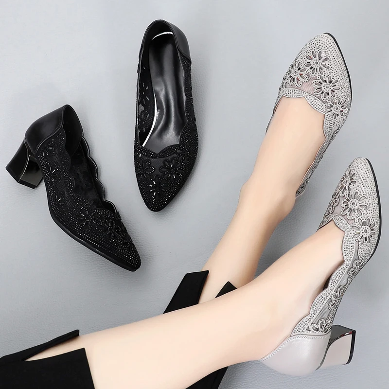 GKTINOO Summer Fashion Hollow Out Genuine Leather Pumps Women Shoes Med Heels Square Heel Mesh Ladies Office Shoes Crystal women pumps shoes