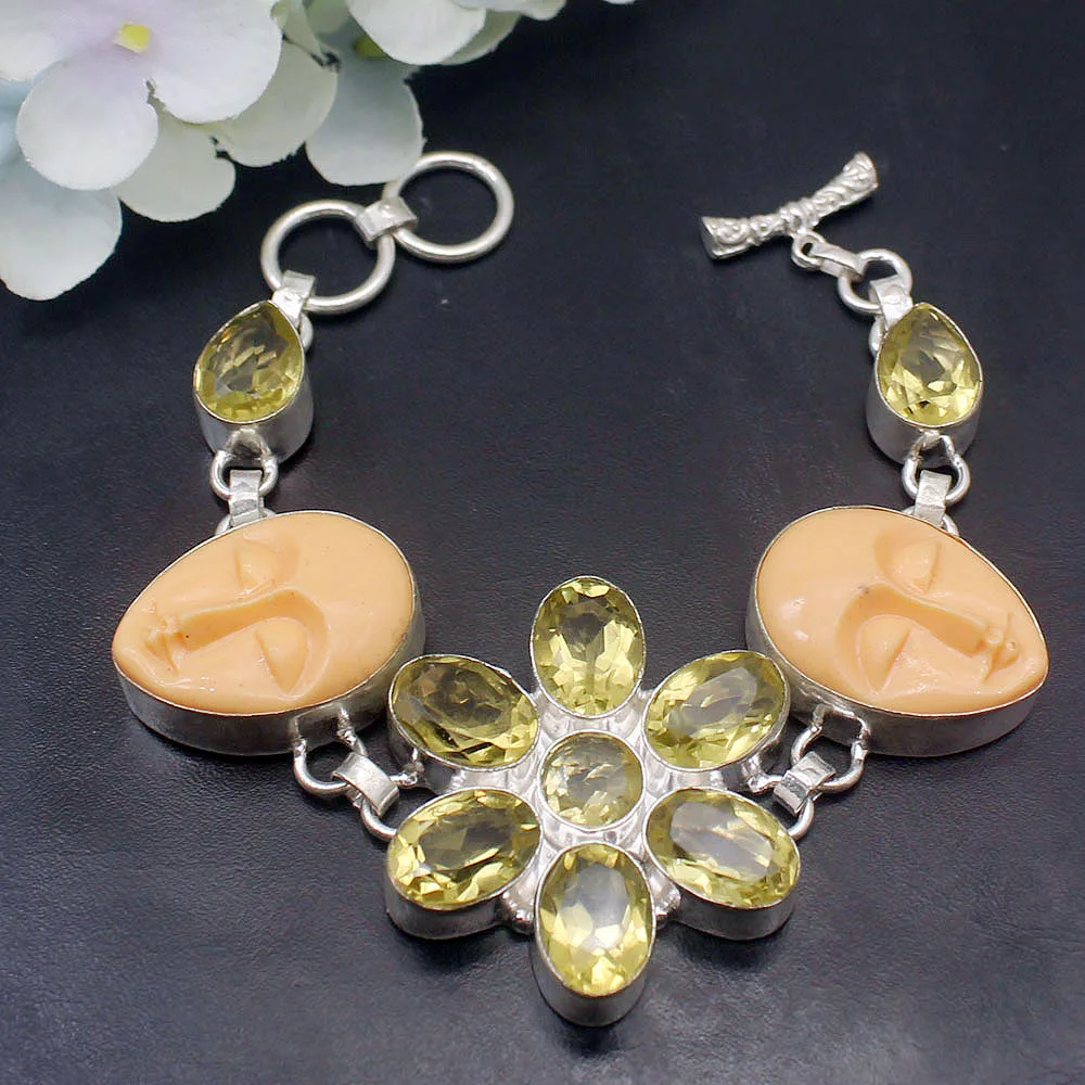 

Hermosa Elegant Natural Carve Face Bones Yellow Citrine925 Sterling Silver Chain Links Bracelets For Women 7.75 Inch A580