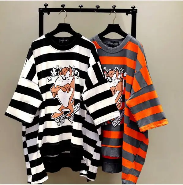 

O Neck Loose Female Pullovers Tops Spring Summer New Cartoon Printing Striped Short Sleeve shirts Large Size Women's Shirts