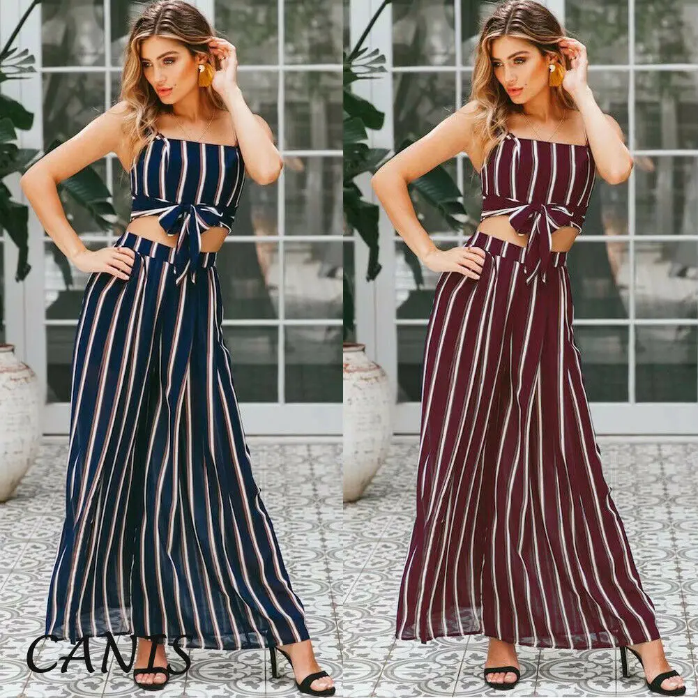 

2PCS Women Outfits Set Sexy Lady Striped Crop Top +Pants Two Piece Wide Leg Trousers Clubwear