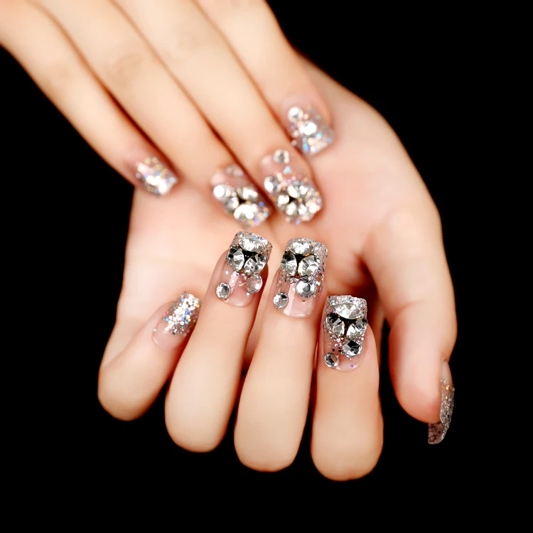 

Popular Wedding Rhinestones Nails Tips Transparent 24pcs Full Cover False Nails Square Sculpt nagel tips