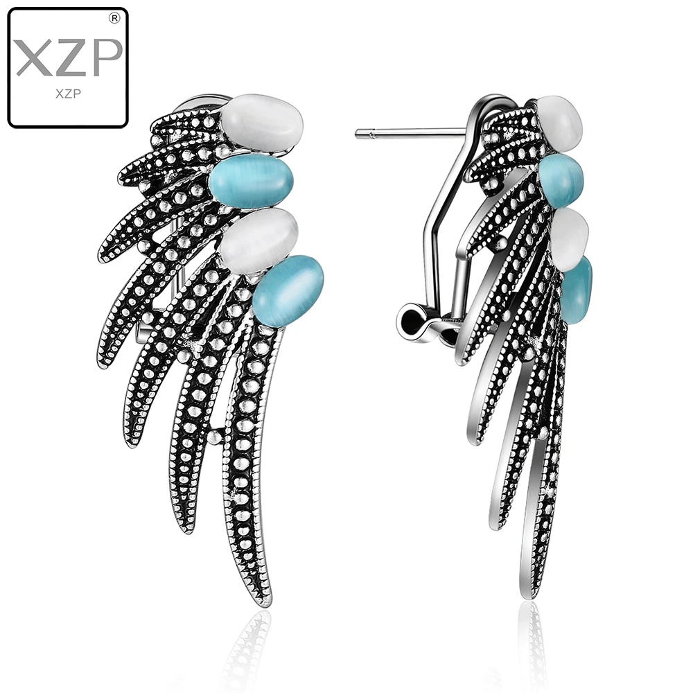 

XZP Vintage Angel Wings Drop Earrings Ancient Silver Plate Women Earring with Grey Blue Opal S925 Piercin Jewelry Elegant Bijous