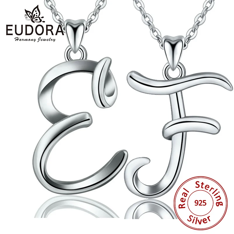 

EUDORA 100% 925 Sterling Silver E & F Letter Name Pendant Necklace For Women Man Fashion Personalized Silver Jewelry Gift CYD109