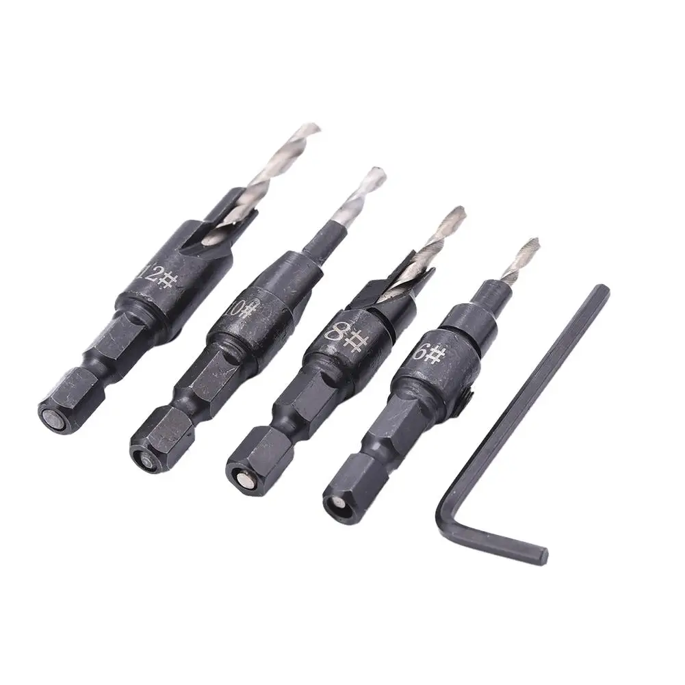 4pcs HSS Countersink Drill Bit Set 1/4 Hexagonal Handle Chamfer Corresponding Drill 6#/8#/10#/12# 4pcs HSS Countersink Drill Bit Set 1/4 Hexagonal Handle Chamfer Corresponding Drill 6#/8#/10#/12#