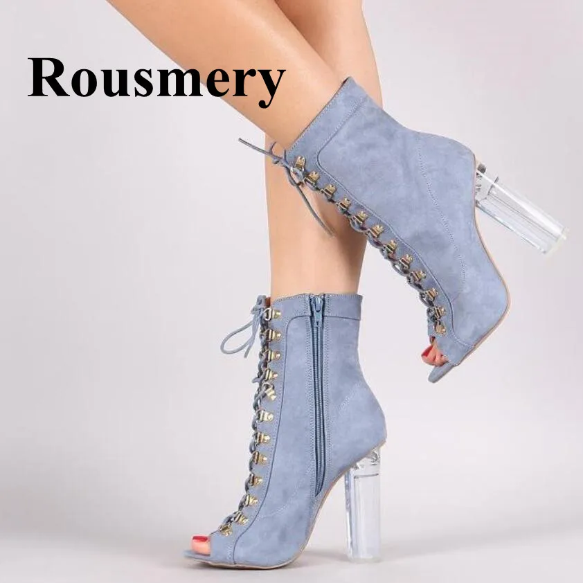 

2018 Newest PVC Heel Sexy High Heel Peep Toe Cross-tied Spring And Autumn Shoes Fashion Side Zipper Two Color Women Ankle Boots