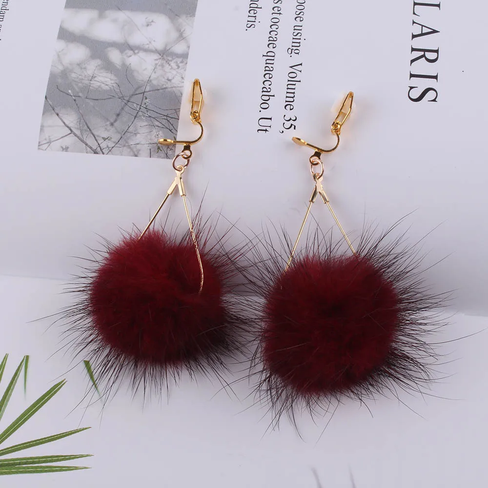 Rabbit Fur Ball PomPom Long wedding clip on earrings for Women Unique Soft Pom Pom Ear Earring Jewelry Cute Christmas Gift