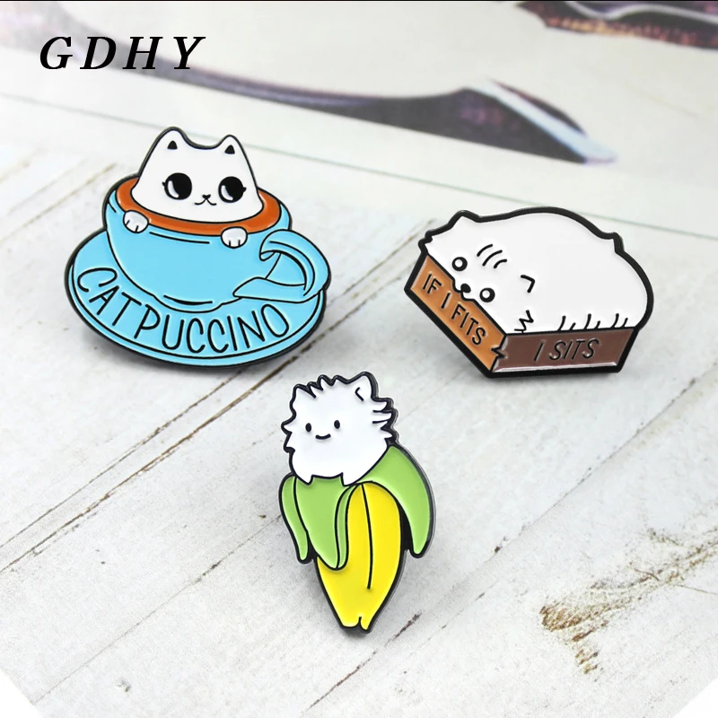 

GDHY Cartoon Cat Brooch Coffee Cup Cat Banana Cat I FITS I SITS Cats Enamel Pin Animal Badge Denim For Kids Friends Jewelry