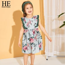 HE Hello Enjoy/платья для маленьких девочек; детская одежда; платье принцессы с цветочным принтом и летящими рукавами; зеленая повязка на голову; платье для маленьких девочек