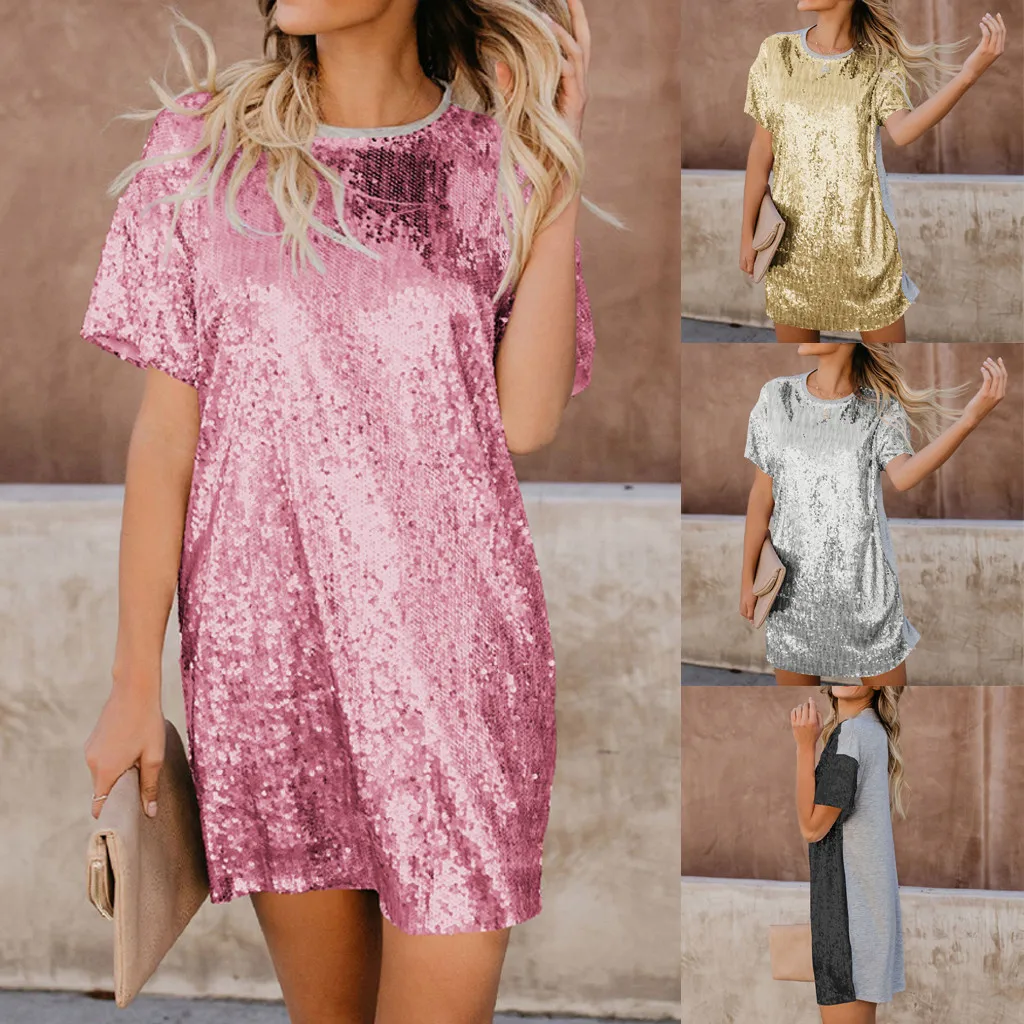 

Summer New Arrived Sequined Dress Women Fashion Round Neck Dress Sequin Short-Sleeve Solid Color Splice Club Party Mini Dress #C