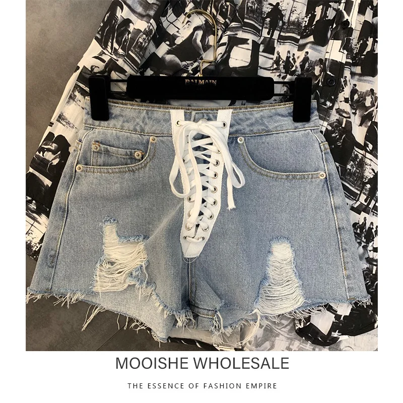 

2019 Summer New Woven Lace-up Decorative Raw Hair Trend Denim Shorts Women