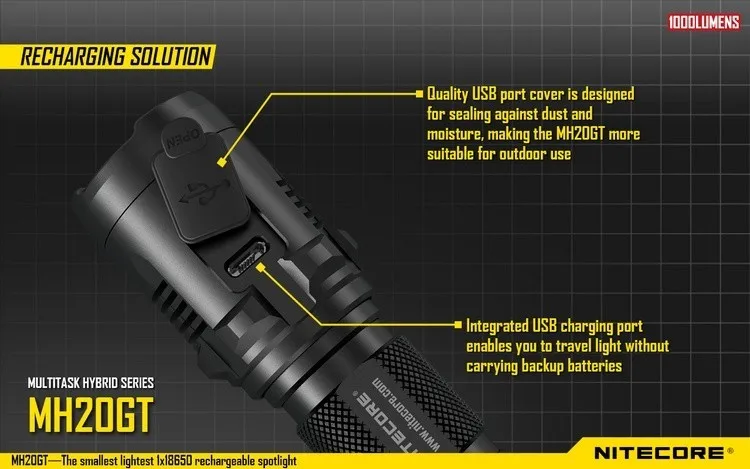 2016 новое поступление nitecore MH20GT Перезаряжаемые 7 режимов 1000lm XP-L Hi V3 светодиодные лампы 18650 CR123 Факел Бесплатная доставка