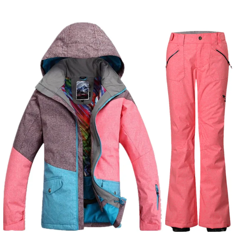 GSOU Снежный бренд, водонепроницаемый лыжный костюм, Женская лыжная куртка, брюки, Зимний горный лыжный костюм, женская уличная куртка для сноуборда, брюки, комплект - Цвет: PNK2